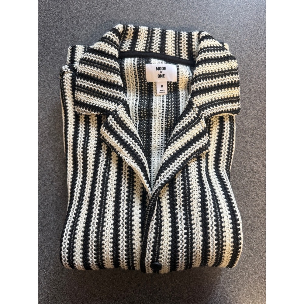 Mode of One Mens Black White Striped Crochet Knit Camp Collar Shirt Medium - Picture 5 of 5